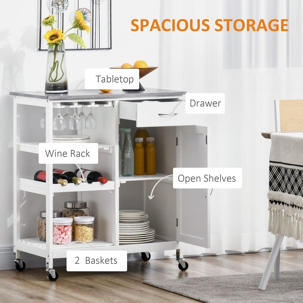 image-Kitchen Trolley Utility Cart on Wheels with Wine Rack, Drawer, Open Shelf White