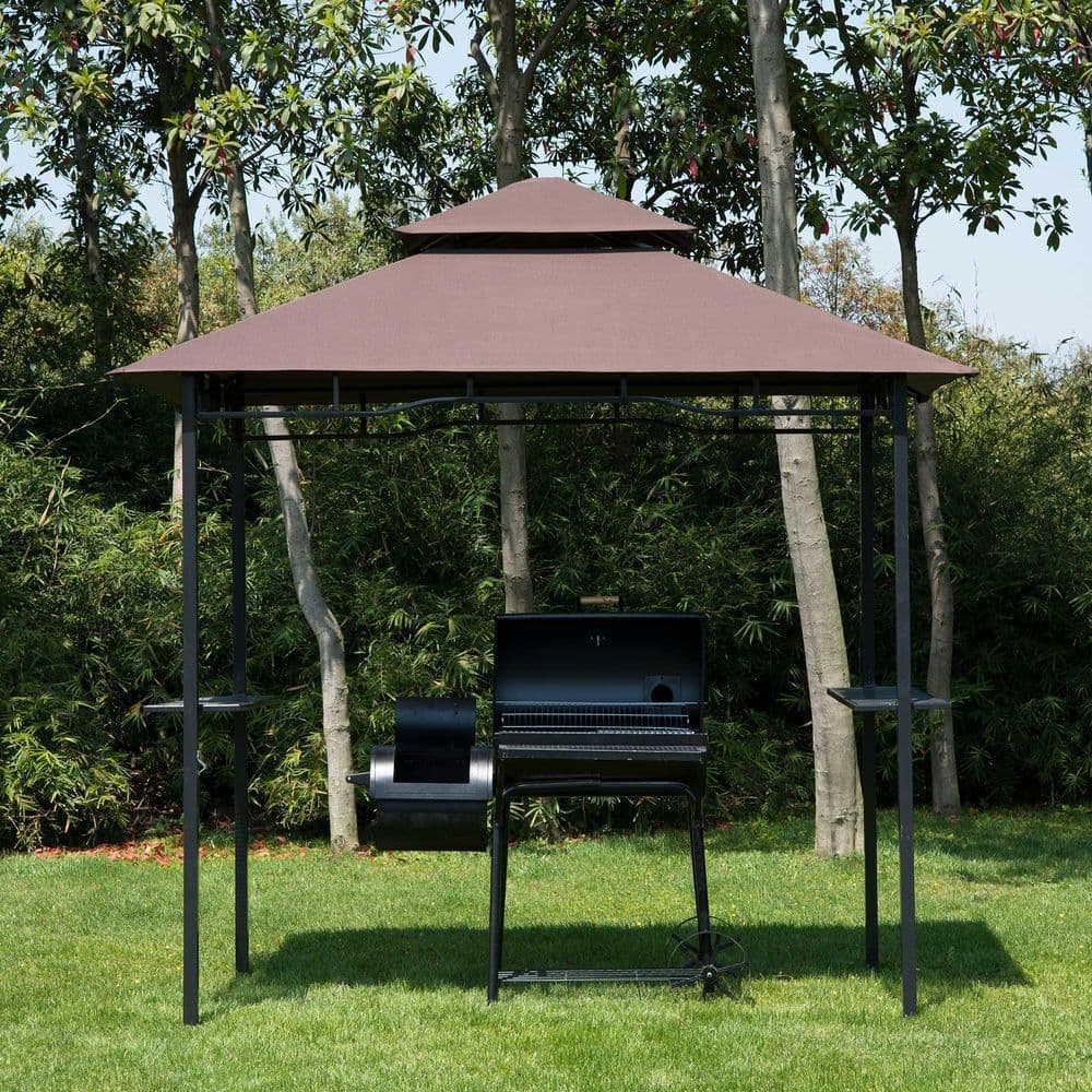 image-Outsunny 8ft Double-Tier Gazebo Grill Canopy Tent Shelter-Coffee
