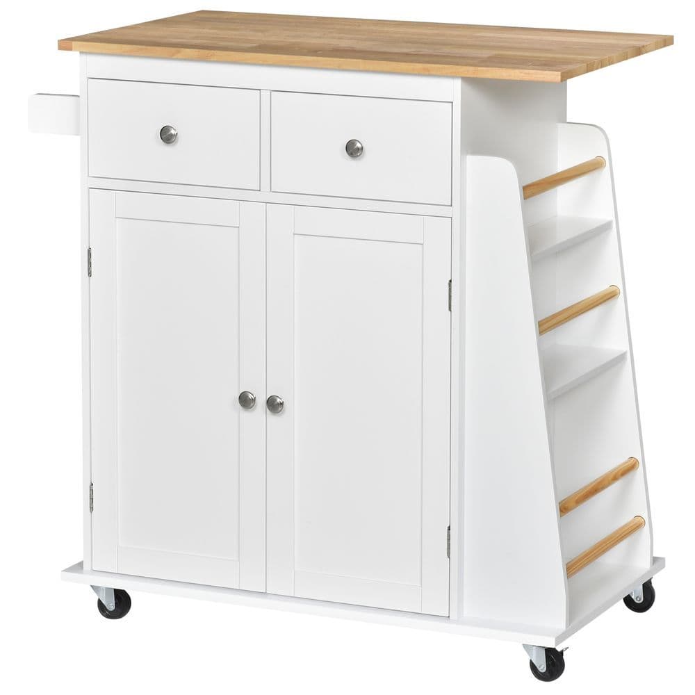 image-Kitchen Island Storage Rubber Wood Top, 3-Tier Spice Rack,