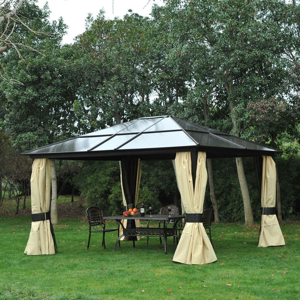 image-Outsunny 4.3m x 3.6m Aluminium Frame Texteline Draped Hardtop Gazebo Brown