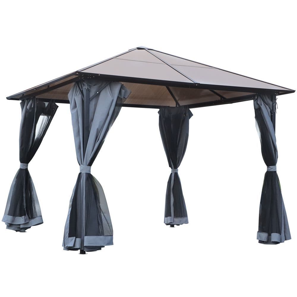 image-3x4m Garden Aluminium Gazebo Hardtop Roof with Mesh Curtains Grey