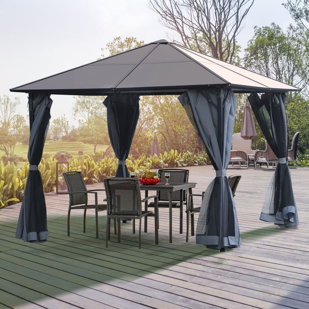 image-3x4m Garden Aluminium Gazebo Hardtop Roof with Mesh Curtains Grey