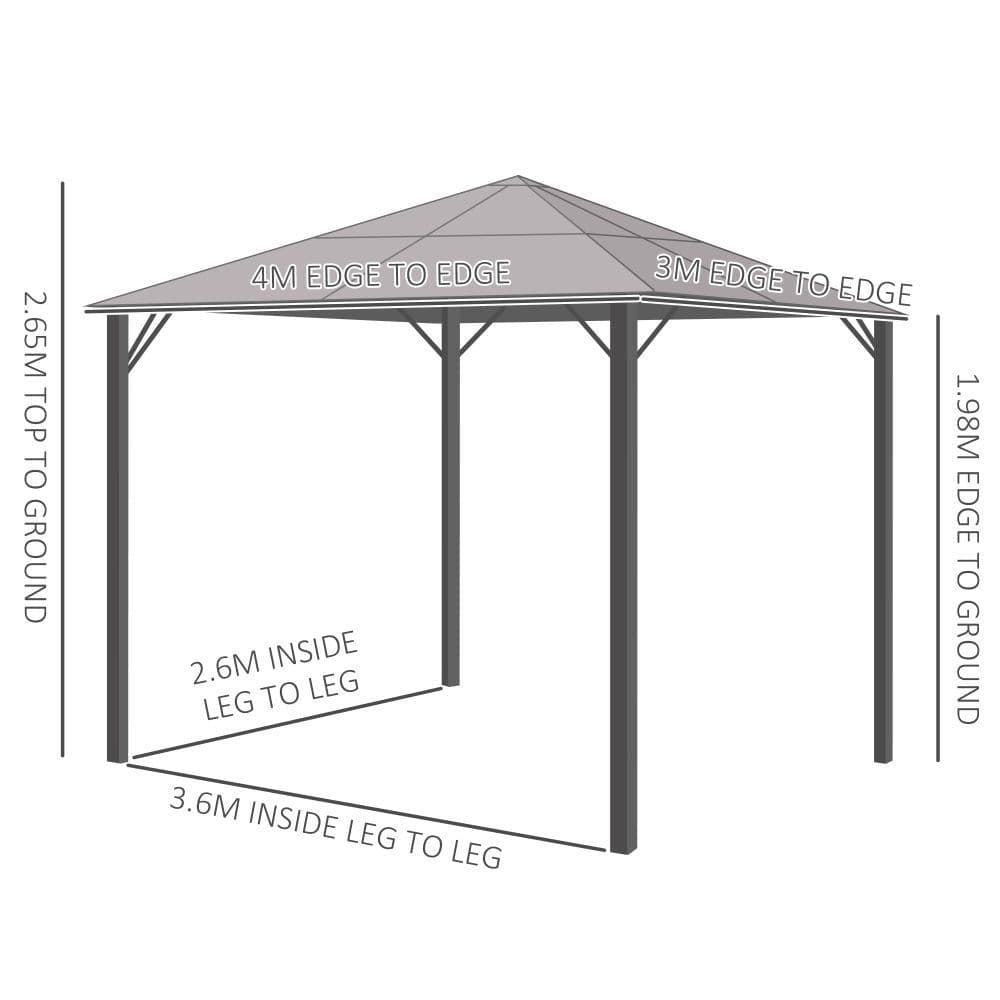 image-3x4m Garden Aluminium Gazebo Hardtop Roof with Mesh Curtains Grey