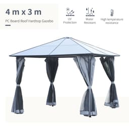 image-3x4m Garden Aluminium Gazebo Hardtop Roof with Mesh Curtains Grey