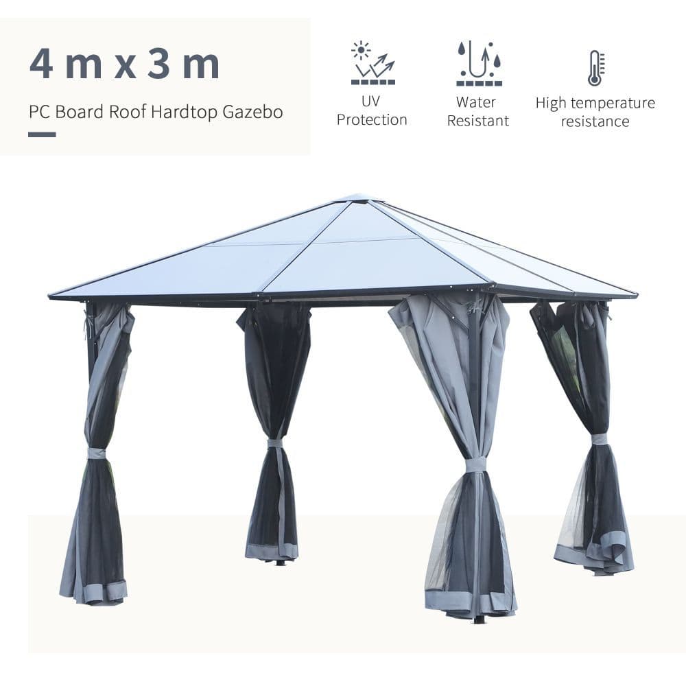 image-3x4m Garden Aluminium Gazebo Hardtop Roof with Mesh Curtains Grey