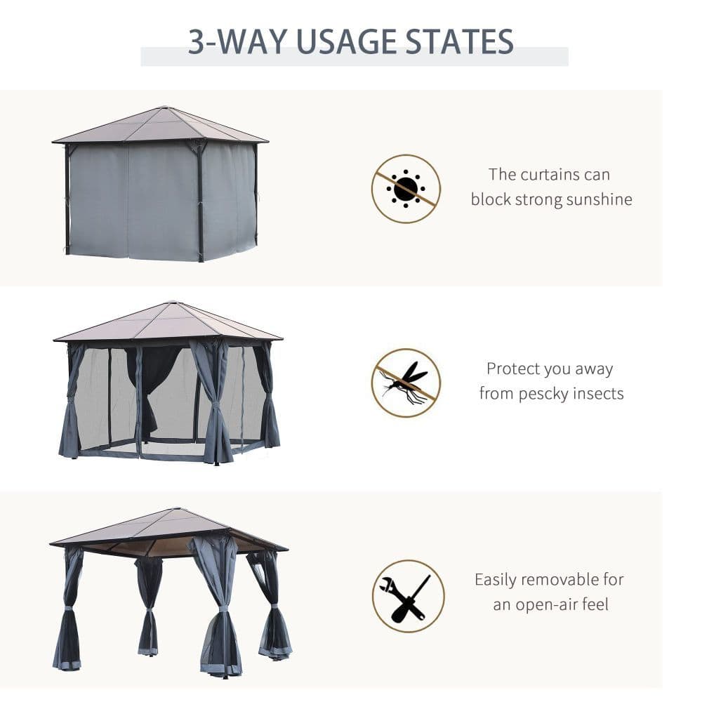 image-3x4m Garden Aluminium Gazebo Hardtop Roof with Mesh Curtains Grey