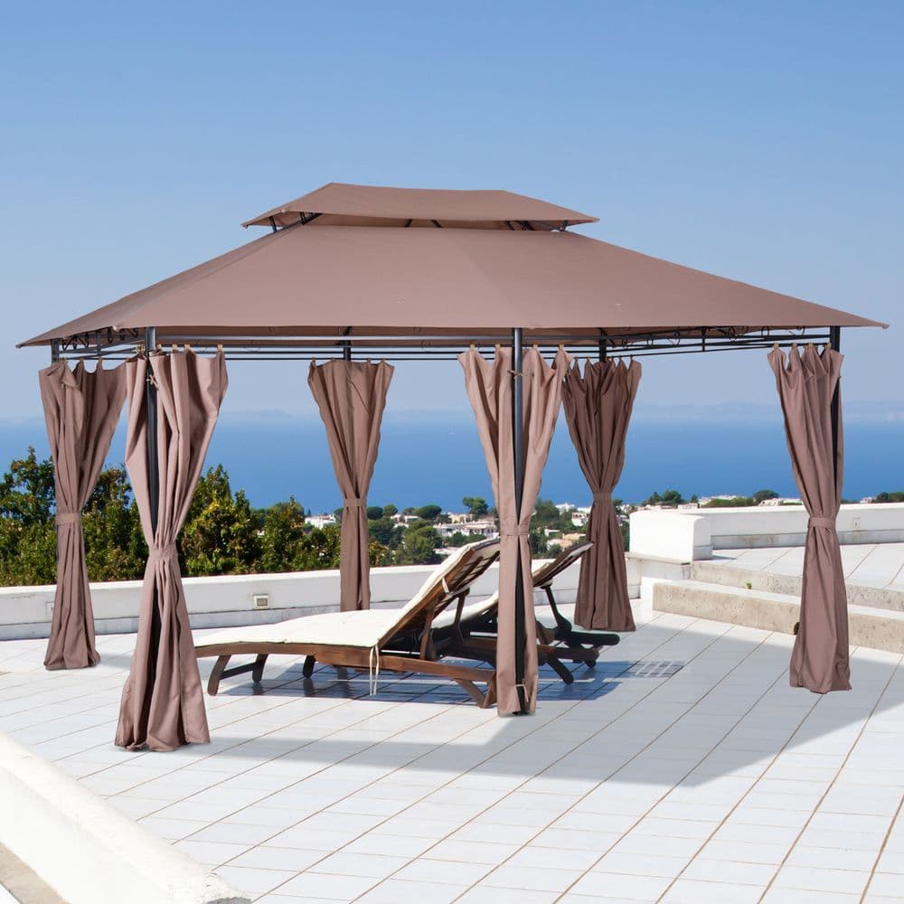 image-Outsunny 4m x 3m Pavilion Steel Frame Garden Gazebo Khaki