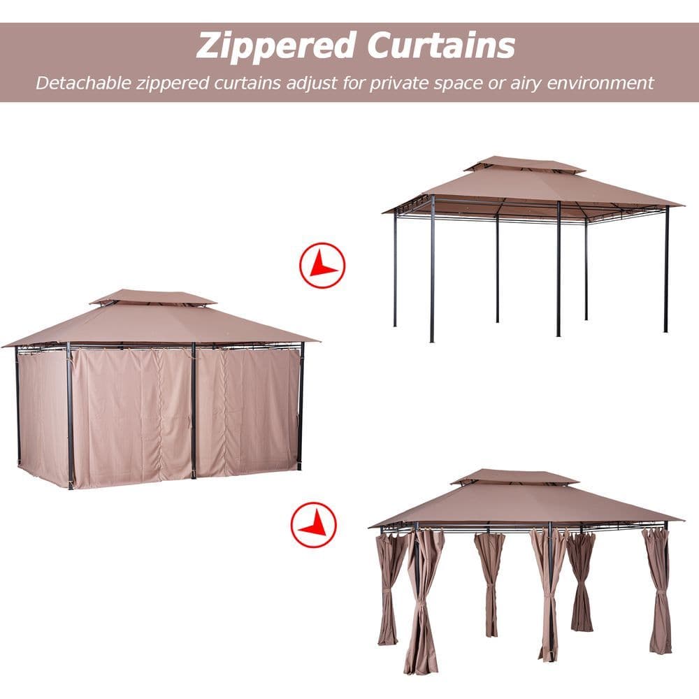 image-Outsunny 4m x 3m Pavilion Steel Frame Garden Gazebo Khaki