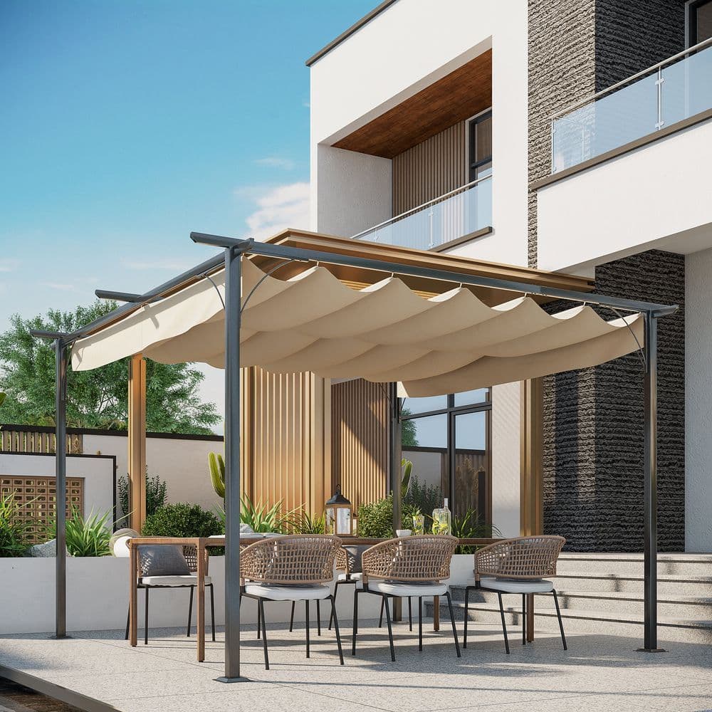 image-Steel Pergola, 350L cm, Steel, Polyester-Black/Beige