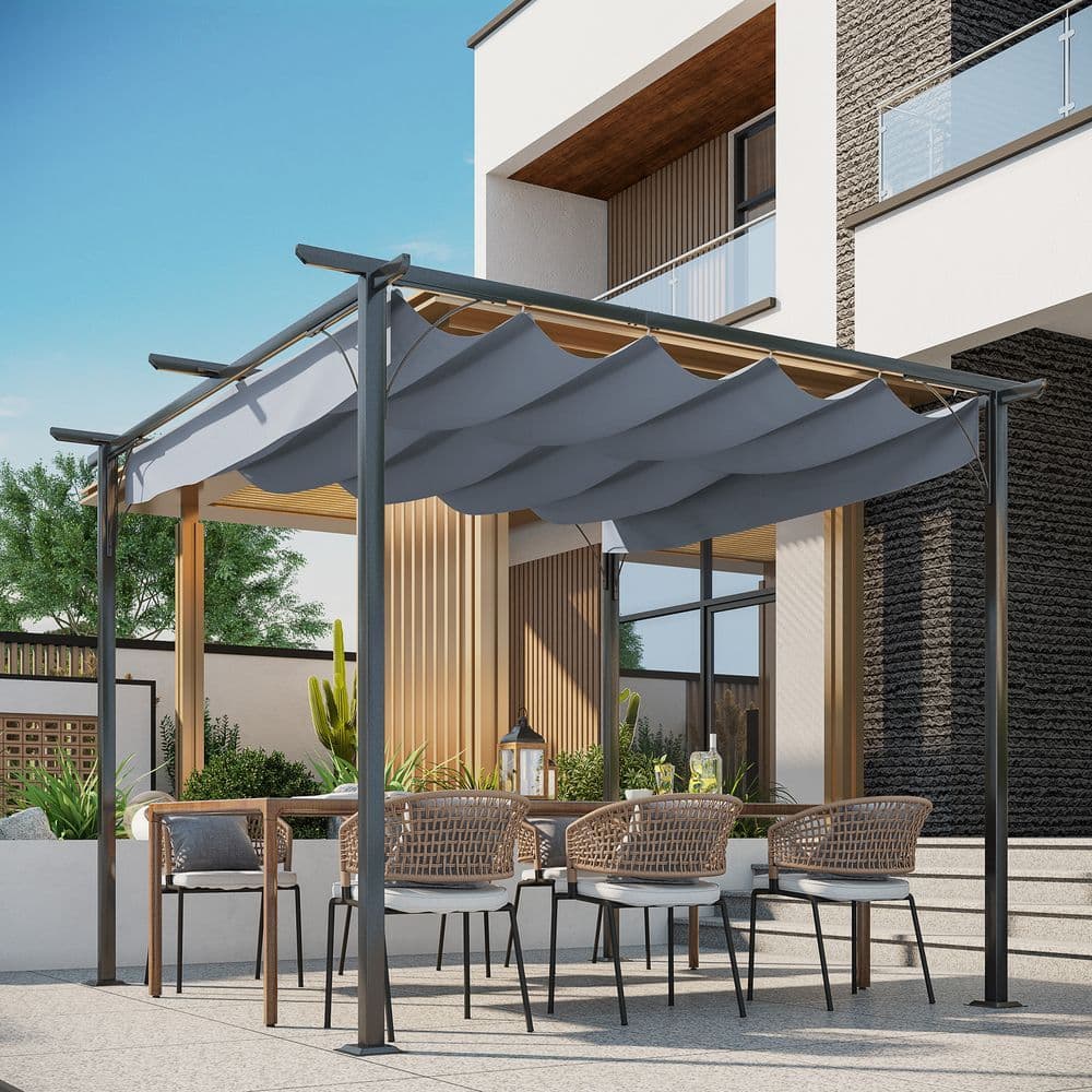 image-3x3 m Metal Pergola Gazebo Awning Retractable Canopy Grey 3x3m