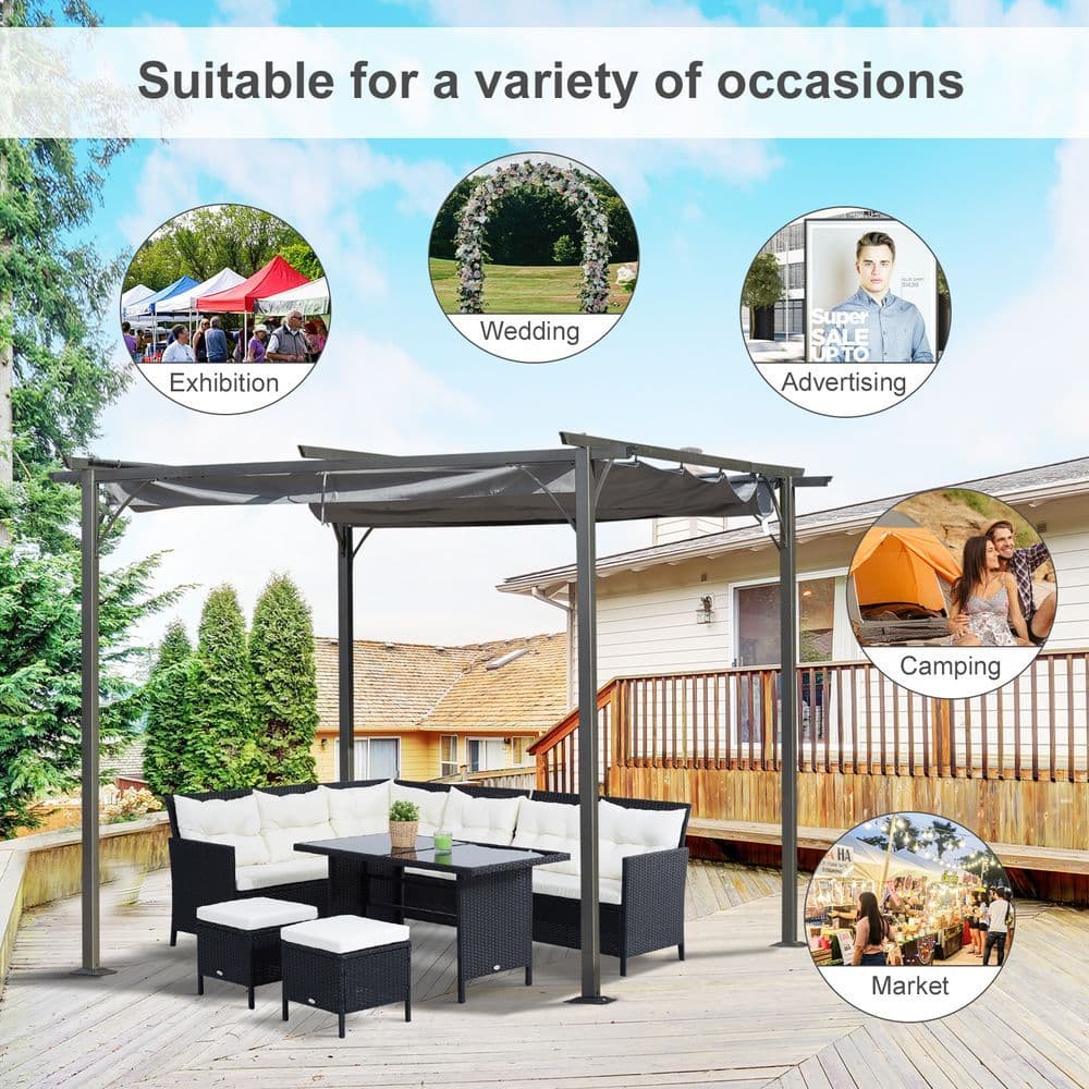 image-3x3 m Metal Pergola Gazebo Awning Retractable Canopy Grey 3x3m