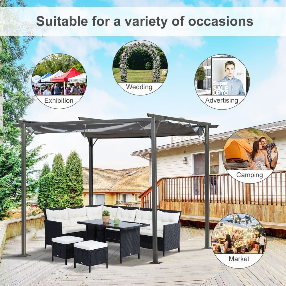 image-3x3 m Metal Pergola Gazebo Awning Retractable Canopy Grey 3x3m