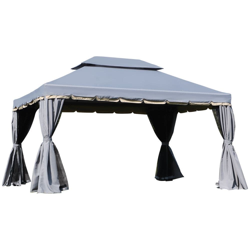 image-3 x 4m Aluminium Gazebo with 2 Tiers Roof Garden Nets Sidewalls - Grey