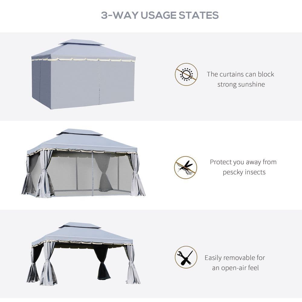 image-3 x 4m Aluminium Gazebo with 2 Tiers Roof Garden Nets Sidewalls - Grey