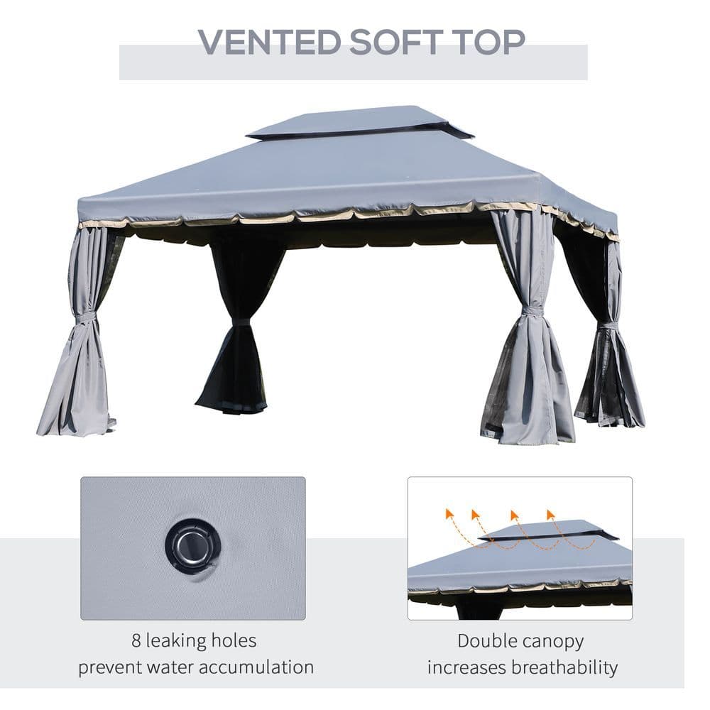 image-3 x 4m Aluminium Gazebo with 2 Tiers Roof Garden Nets Sidewalls - Grey