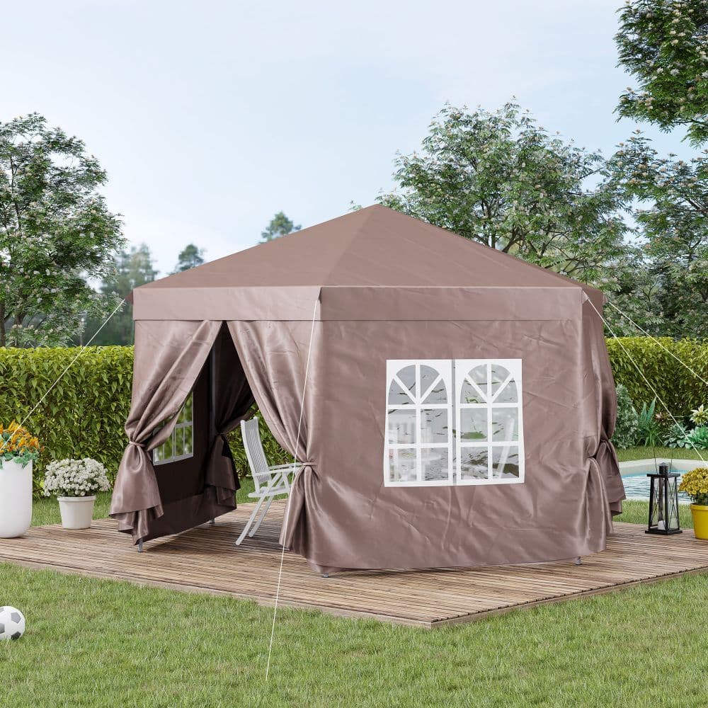 image-Outsunny 4m x 4m Hexagonal Metal Frame Garden Gazebo Brown