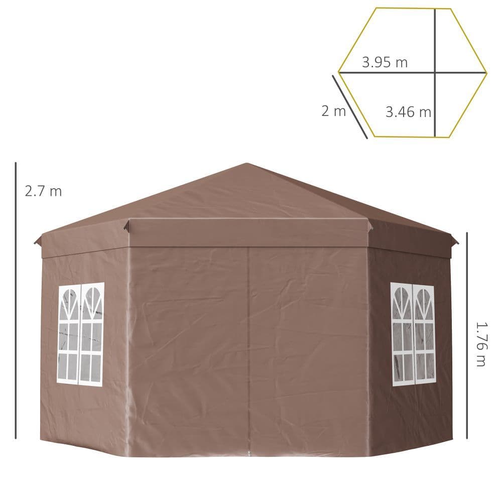 image-Outsunny 4m x 4m Hexagonal Metal Frame Garden Gazebo Brown