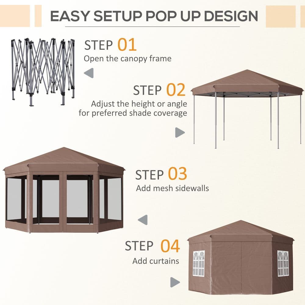 image-Outsunny 4m x 4m Hexagonal Metal Frame Garden Gazebo Brown