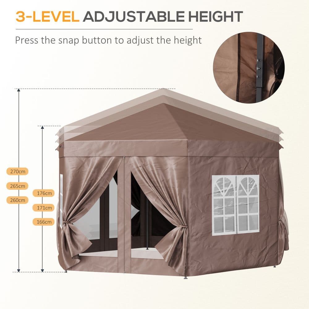 image-Outsunny 4m x 4m Hexagonal Metal Frame Garden Gazebo Brown