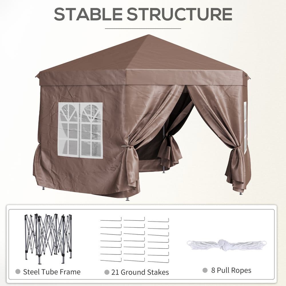 image-Outsunny 4m x 4m Hexagonal Metal Frame Garden Gazebo Brown