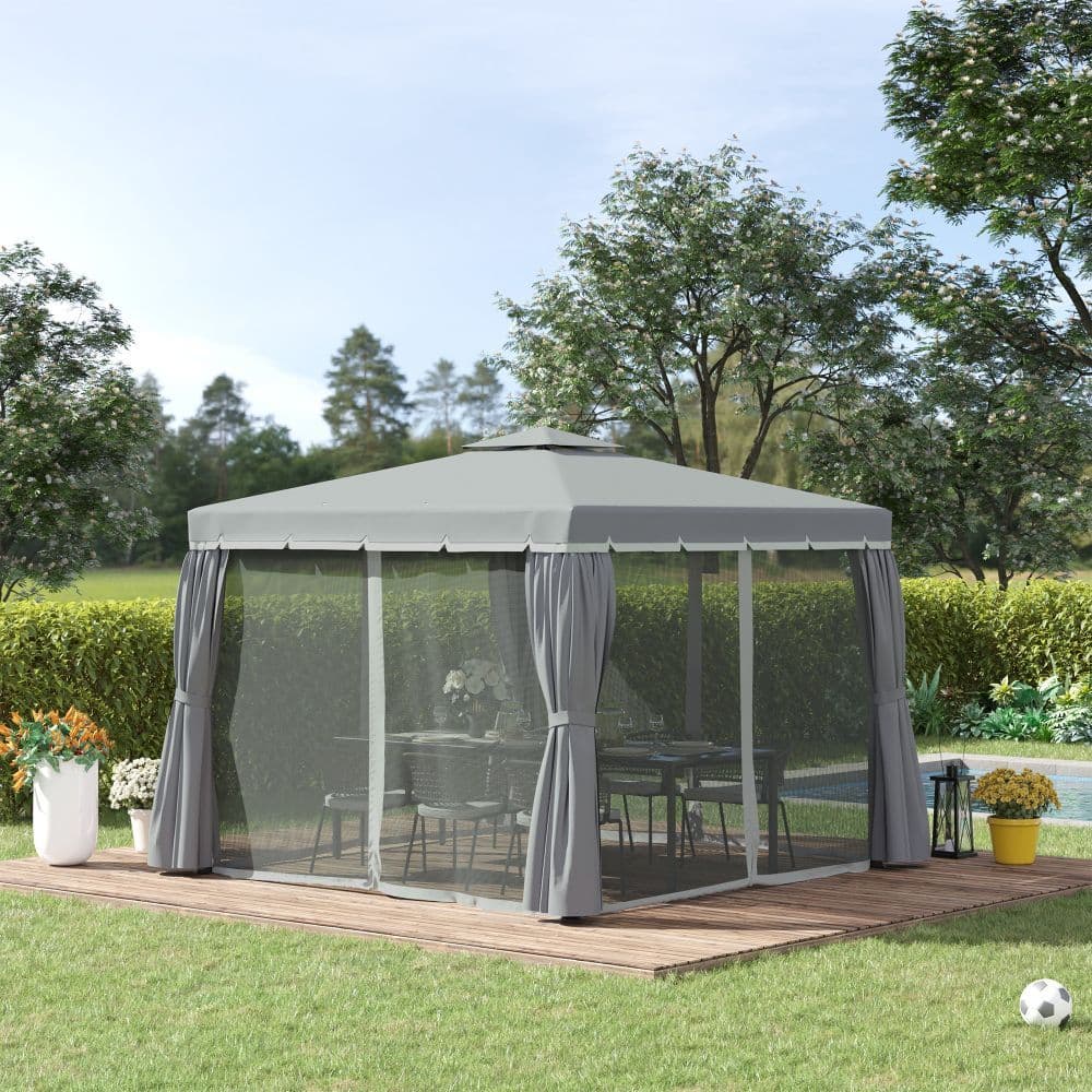 image-3 x 3m Gazebo Canopy 2 Tier Roof, Mosquito Net, Aluminum, Dark Grey