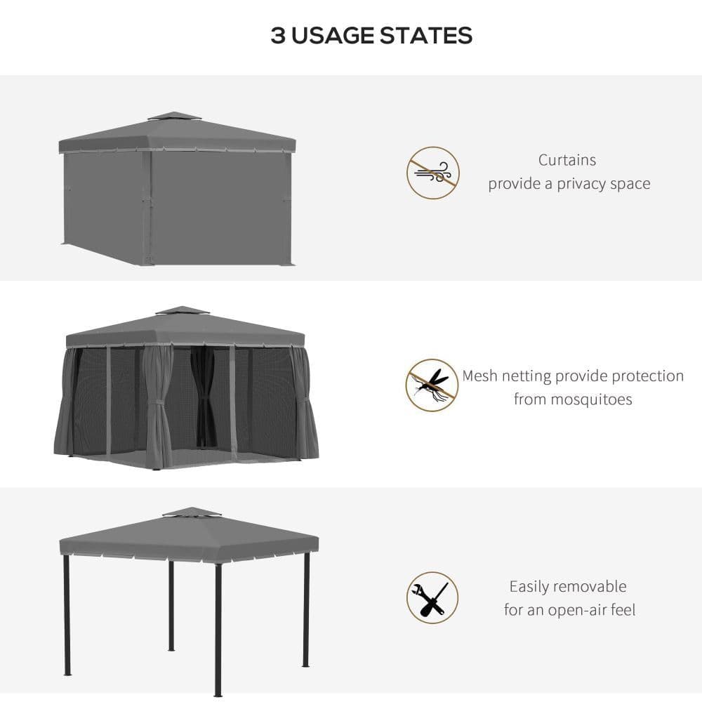 image-3 x 3m Gazebo Canopy 2 Tier Roof, Mosquito Net, Aluminum, Dark Grey
