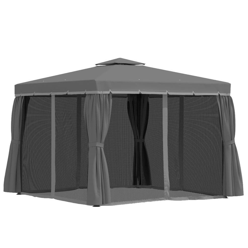 image-3 x 3m Gazebo Canopy 2 Tier Roof, Mosquito Net, Aluminum, Dark Grey