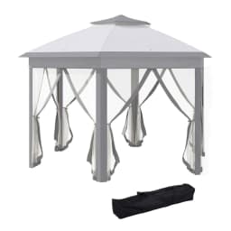 image-Hexagon Pop Up Gazebo Double Roof Netting, 4m x 4m, Grey w/ Mesh, 4x4m