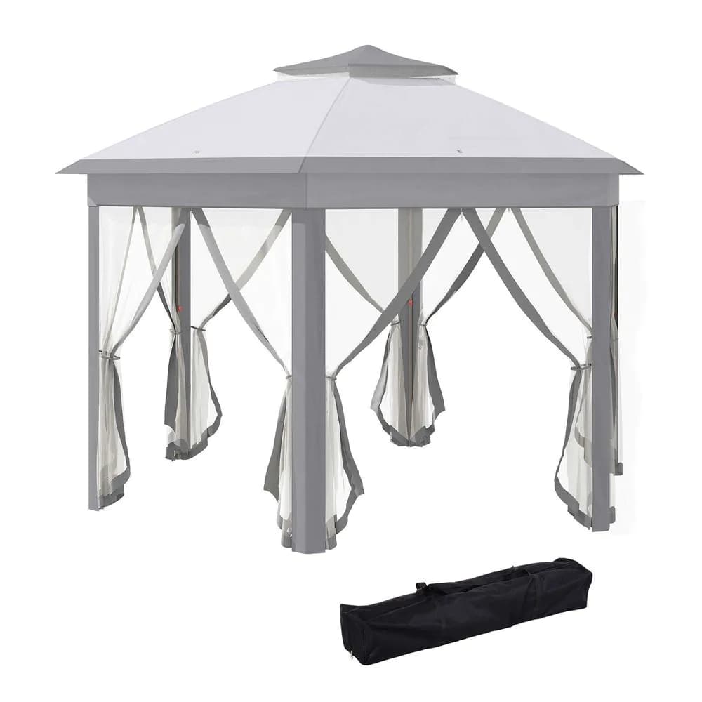 image-Hexagon Pop Up Gazebo Double Roof Netting, 4m x 4m, Grey w/ Mesh, 4x4m