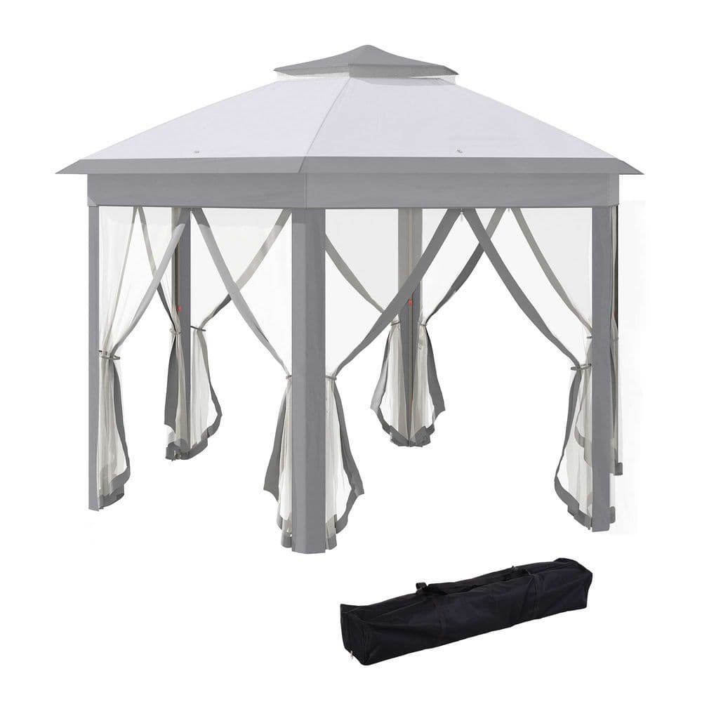 image-Hexagon Pop Up Gazebo Double Roof Netting, 4m x 4m, Grey w/ Mesh, 4x4m