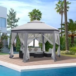 image-Hexagon Pop Up Gazebo Double Roof Netting, 4m x 4m, Grey w/ Mesh, 4x4m