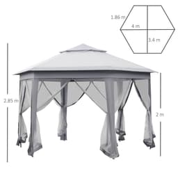 image-Hexagon Pop Up Gazebo Double Roof Netting, 4m x 4m, Grey w/ Mesh, 4x4m