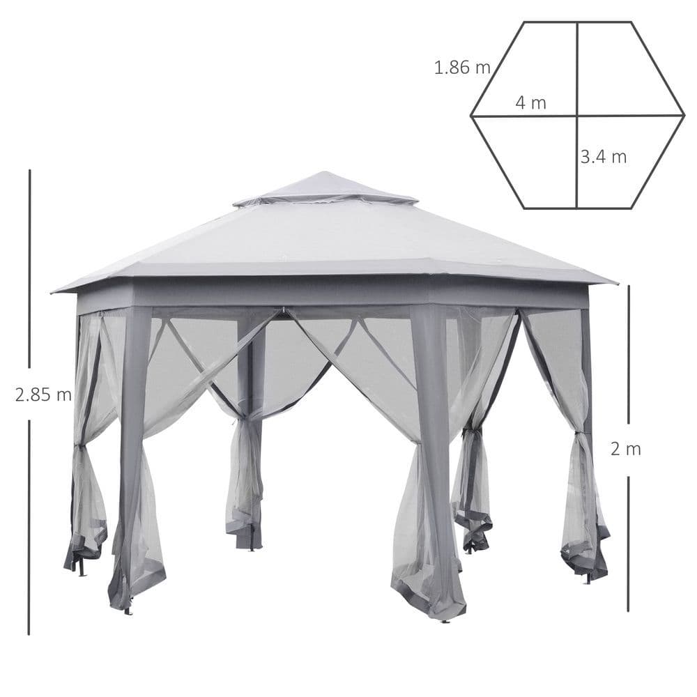 image-Hexagon Pop Up Gazebo Double Roof Netting, 4m x 4m, Grey w/ Mesh, 4x4m