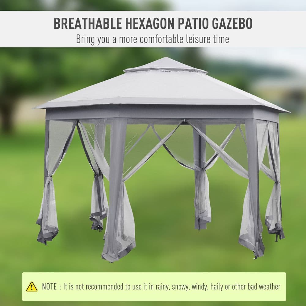 image-Hexagon Pop Up Gazebo Double Roof Netting, 4m x 4m, Grey w/ Mesh, 4x4m