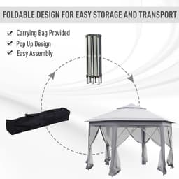 image-Hexagon Pop Up Gazebo Double Roof Netting, 4m x 4m, Grey w/ Mesh, 4x4m