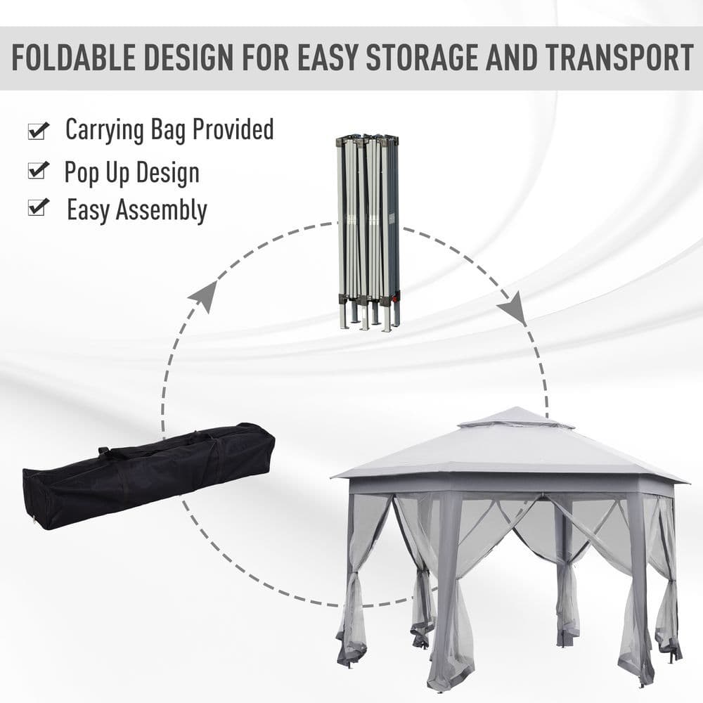 image-Hexagon Pop Up Gazebo Double Roof Netting, 4m x 4m, Grey w/ Mesh, 4x4m