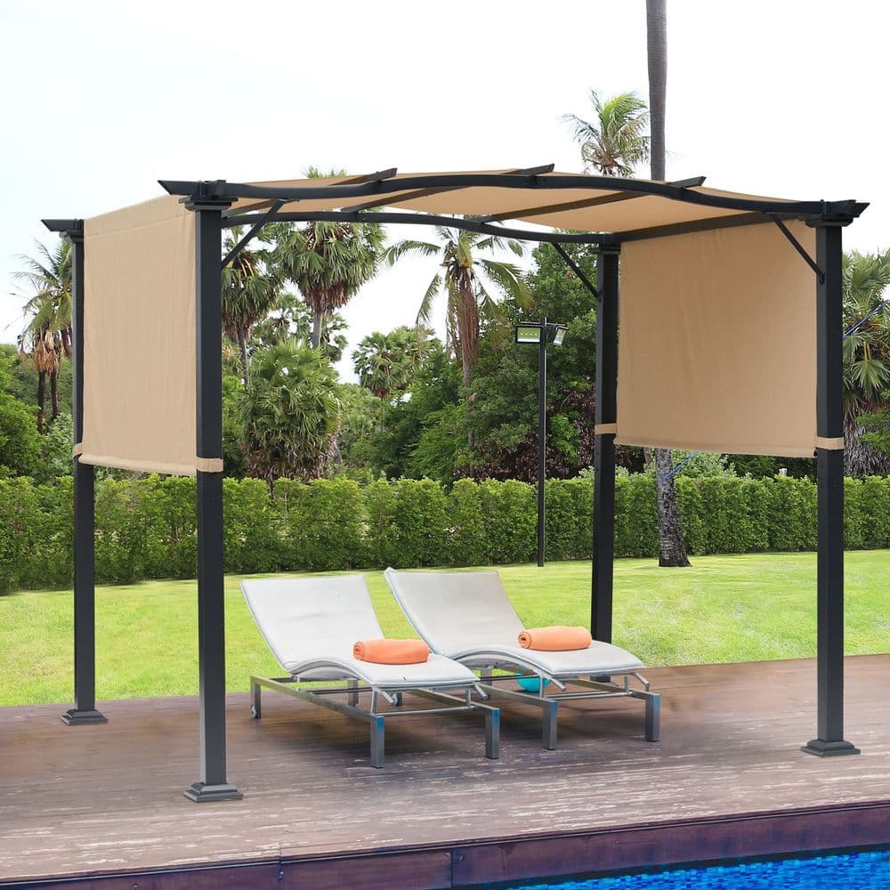 image-Retractable Pergola Garden Gazebo 3x2.45x2.3m, Khaki