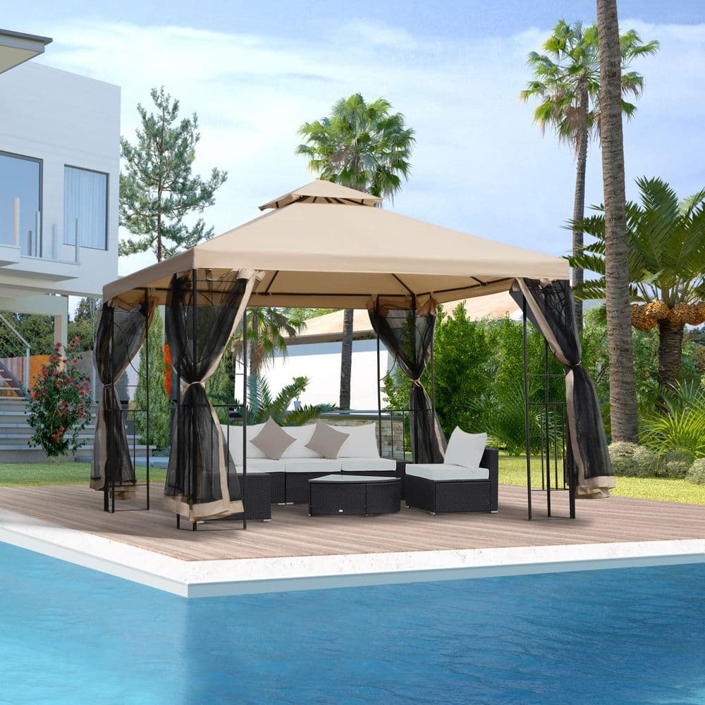 image-Outsunny 3x3m Outdoor Gazebo Tent W/Netting, 2-tier Roof