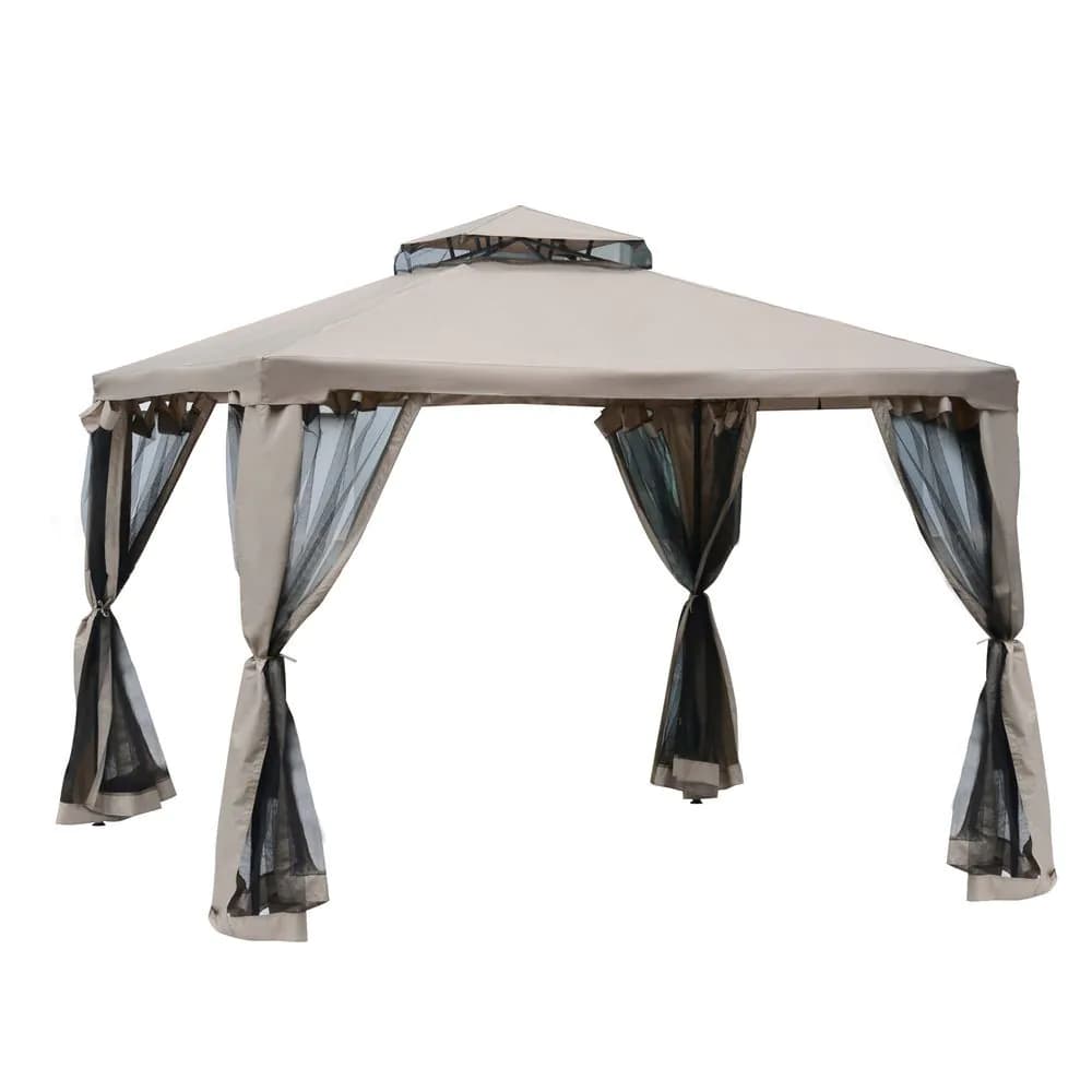 image-Outsunny Outdoor Gazebo, 2-tier Roof W/Netting, 295L x 295W x 263Hcm-Taupe