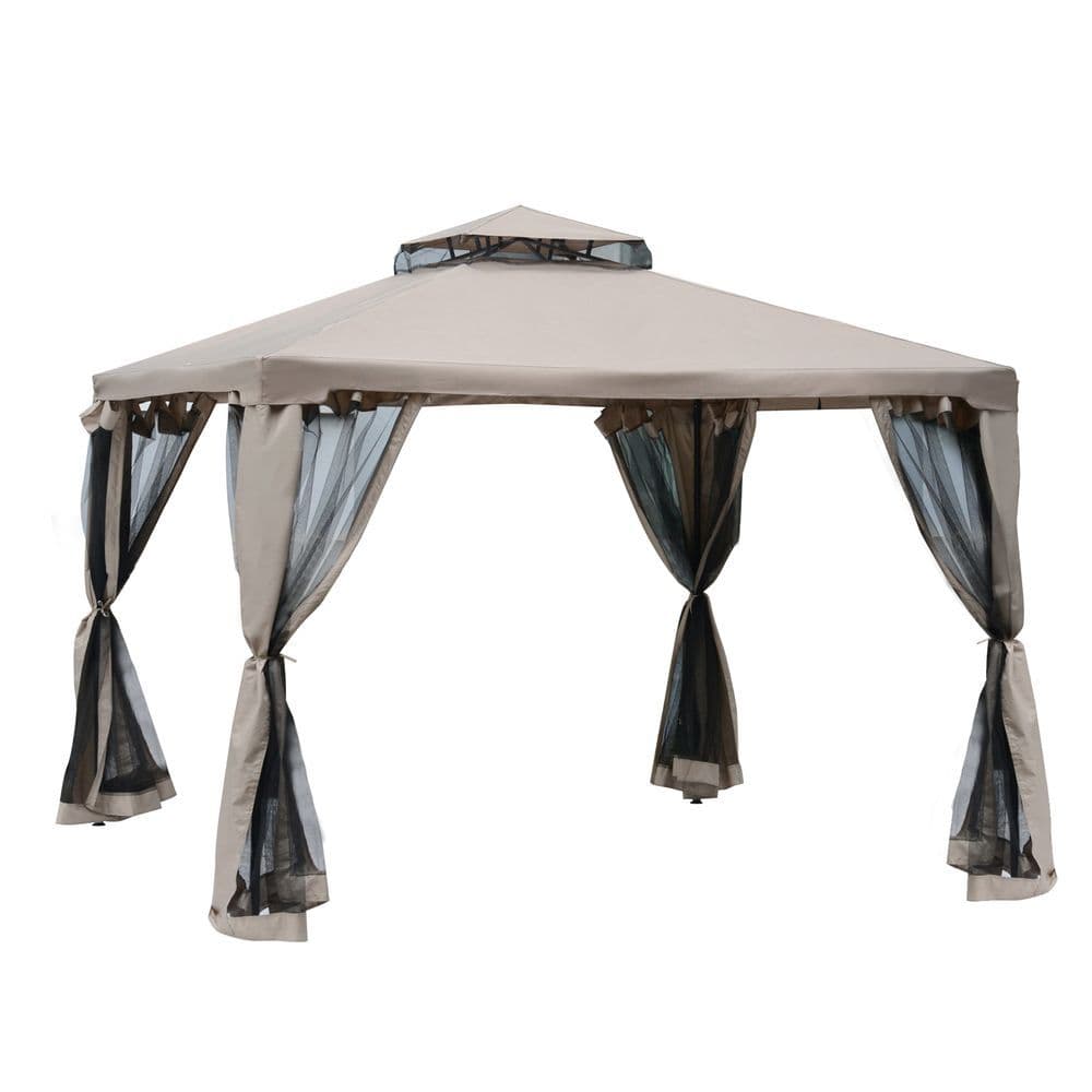 image-Outsunny Outdoor Gazebo, 2-tier Roof W/Netting, 295L x 295W x 263Hcm-Taupe