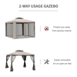 image-Outsunny Outdoor Gazebo, 2-tier Roof W/Netting, 295L x 295W x 263Hcm-Taupe