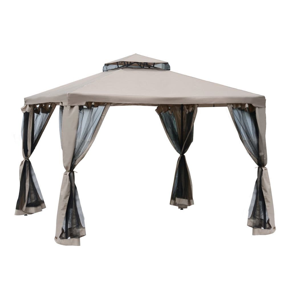 image-Outsunny Outdoor Gazebo, 2-tier Roof W/Netting, 295L x 295W x 263Hcm-Taupe