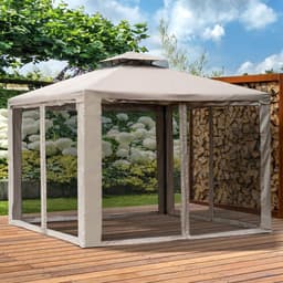image-Outsunny Outdoor Gazebo, 2-tier Roof W/Netting, 295L x 295W x 263Hcm-Taupe