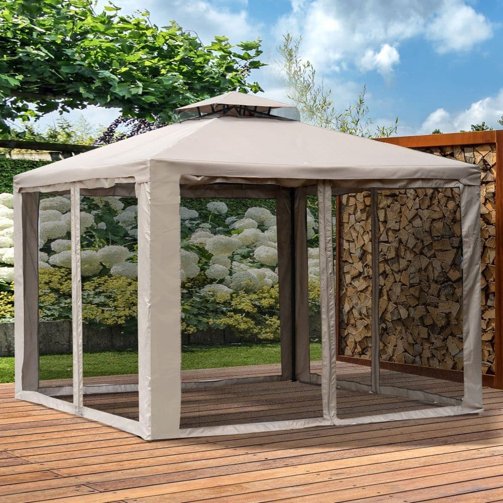 image-Outsunny Outdoor Gazebo, 2-tier Roof W/Netting, 295L x 295W x 263Hcm-Taupe