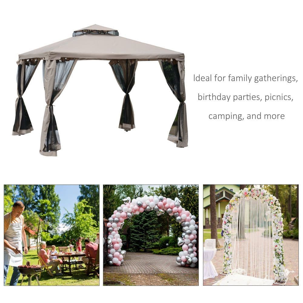 image-Outsunny Outdoor Gazebo, 2-tier Roof W/Netting, 295L x 295W x 263Hcm-Taupe