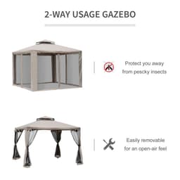 image-Outsunny Outdoor Gazebo, 2-tier Roof W/Netting, 295L x 295W x 263Hcm-Taupe