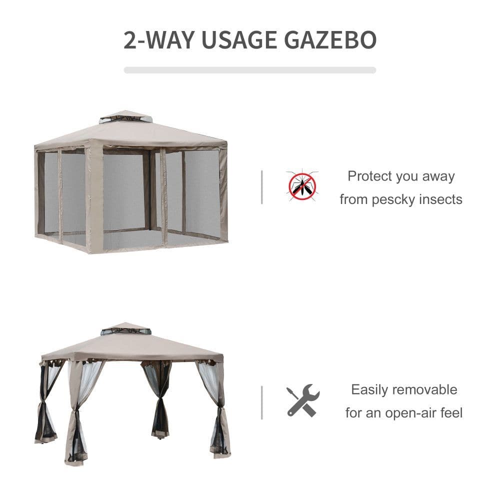 image-Outsunny Outdoor Gazebo, 2-tier Roof W/Netting, 295L x 295W x 263Hcm-Taupe