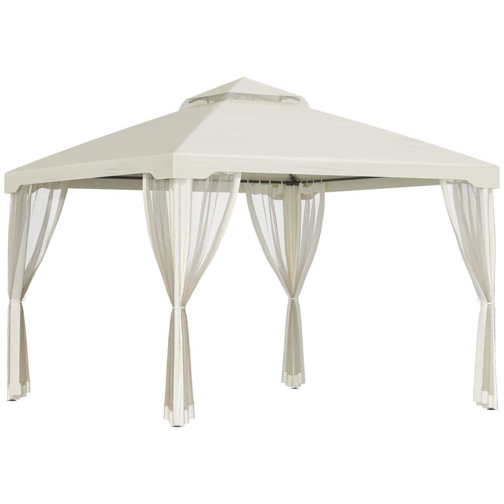 image-Outsunny 3x3m 2-Tier Polyester Draped Outdoor Garden Gazebo Cream White