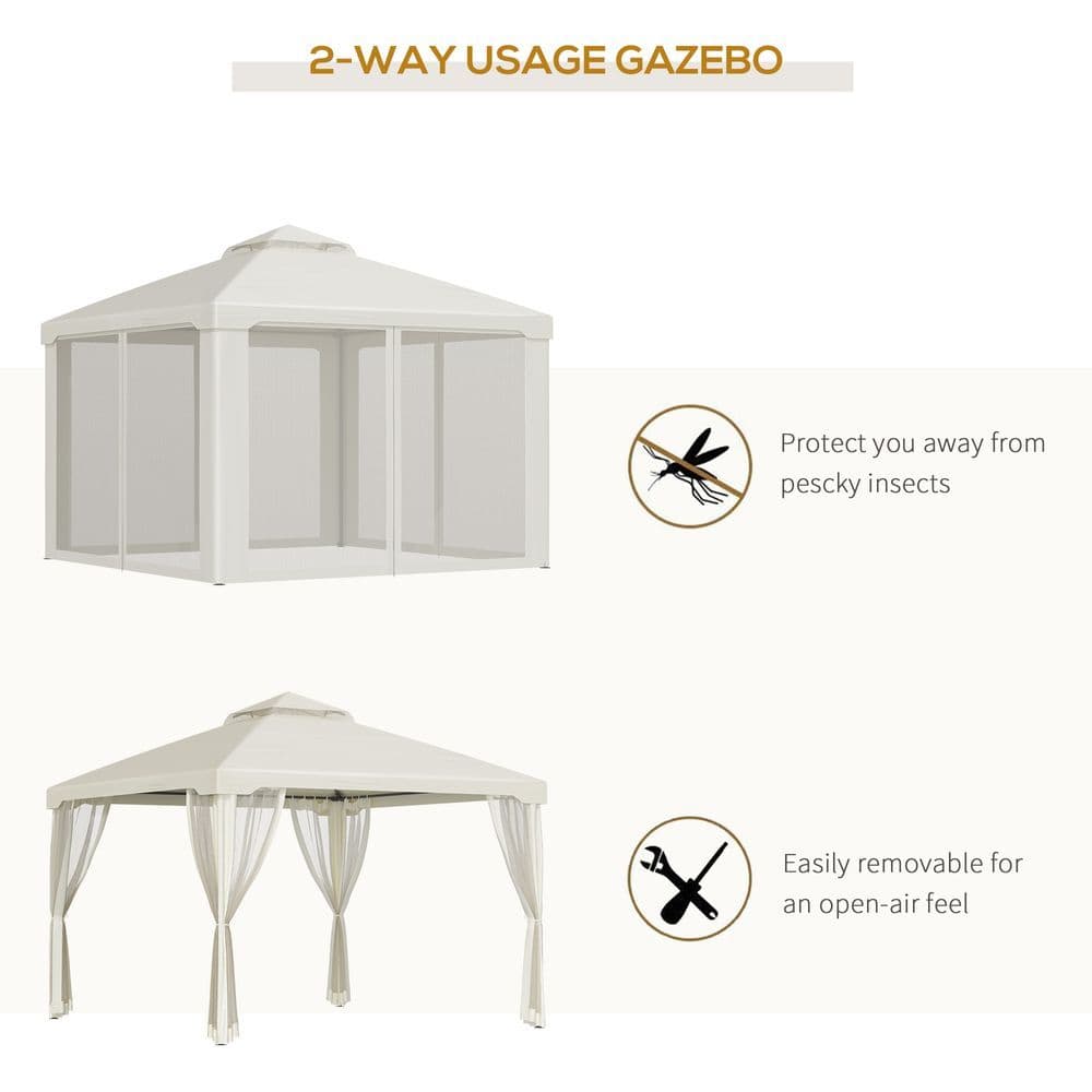 image-Outsunny 3x3m 2-Tier Polyester Draped Outdoor Garden Gazebo Cream White