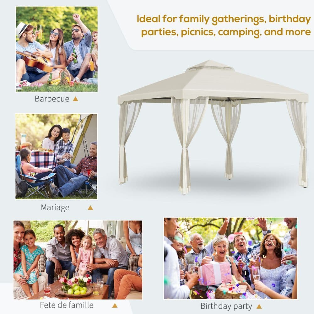image-Outsunny 3x3m 2-Tier Polyester Draped Outdoor Garden Gazebo Cream White